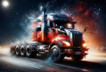 Big rig stylish industrial red semi truck with turned on headlights transporting cargo