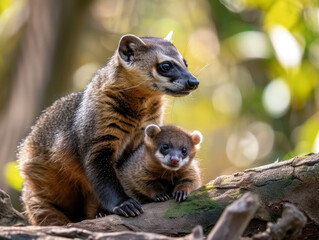 Obraz premium A juvenile coati looks on curiously while under the watchful eye of its mother.