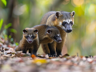 Naklejka premium Two coati babies with their mother on an adventure.