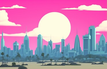 Stylized Cityscape with Sunset and Chat Bubble