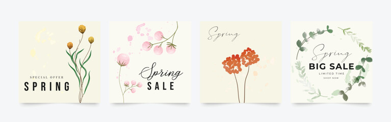 Spring season floral square cover template. Set of banner design with flowers, leaves and branch. Watercolor blossom for social media post, internet, ads, business. - 735837921