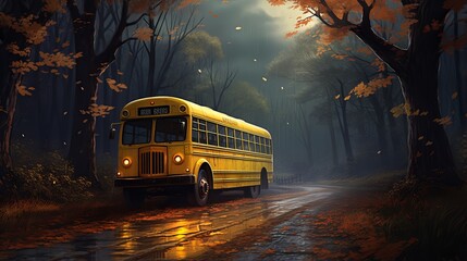Colorful Schoolbus Driving Through Suburban Neighborhood on Sunny Day, USA - obrazy, fototapety, plakaty