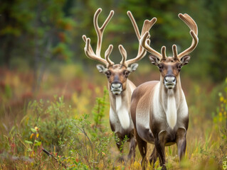Naklejka na ściany i meble A pair of reindeer stand alert amongst the autumn colors.