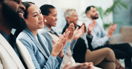 Business people, woman and team applause in conference, tradeshow and support feedback of success....
