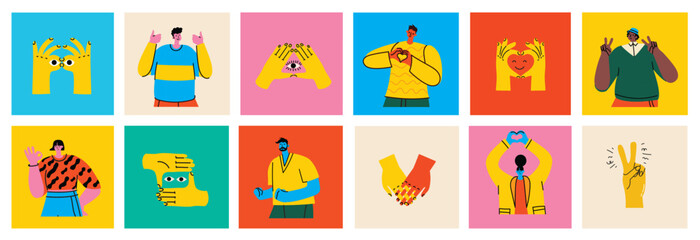 Fototapeta premium Set of happy people showing various positive emotions with gestures. Ok sign, thumbs up, victory fingers and hand heart. Colored flat vector illustration isolated on white background