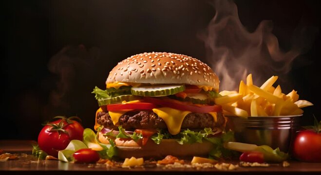 Burger with French fries on a dark background