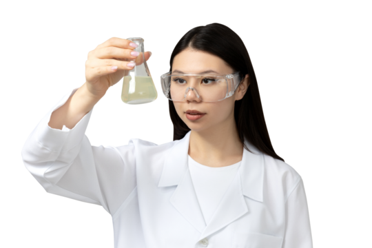 PNG, asian girl chemist lab assistant, isolated on white background.