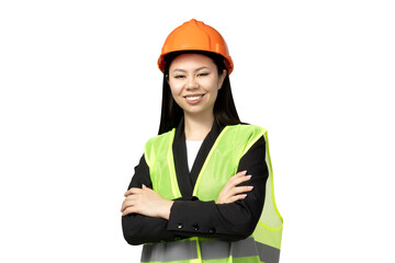 PNG, Asian girl in the role of construction worker, isolated on white background.