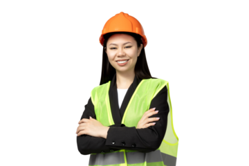PNG, Asian girl in the role of construction worker, isolated on white background.