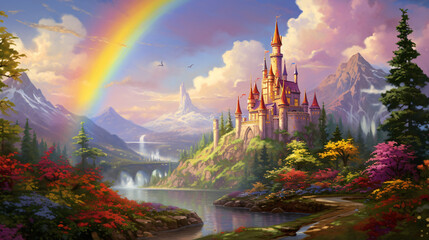 A painting of a castle with a rainbow in the background.