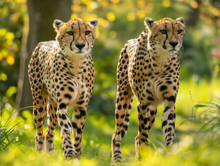 Two cheetahs stand alert amidst greenery.