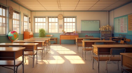 Fototapeta na wymiar Vibrant 3D Render of an Inviting Classroom Interior with Desks and Chairs Ready for Learning