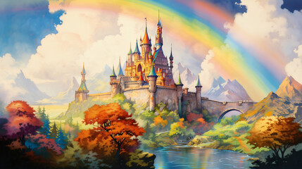 A painting of a castle with a rainbow in the background.