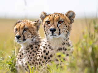 Obraz premium Two cheetahs stand alert amidst greenery.