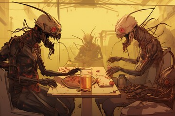 Humanoid bugs eating dinner illustration Generative Ai
