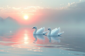 Beautiful swans on the lake at sunrise. Nature composition