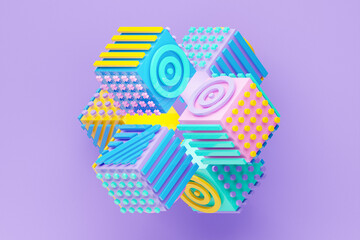 3D illustration Abstract shape with different geometric patterns on each side on a   blue  background, 3D illustration.