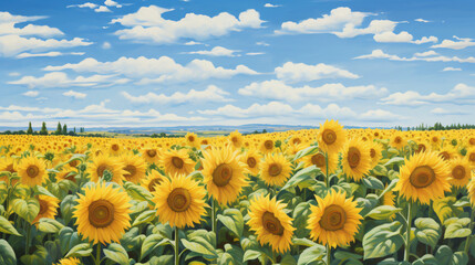 A painting of a field of sunflowers with a sky background.