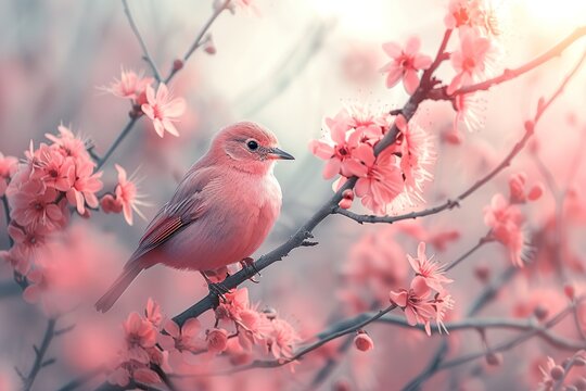 Red Bird On A Branch Of Blossoming Apricot Tree Blur Background