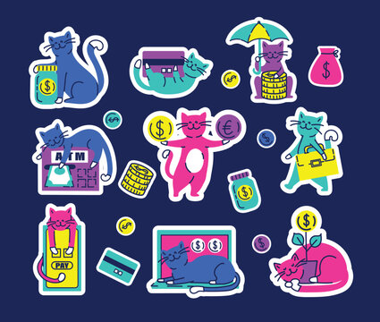 Set of cats with money funny trendy stickers. Banking related objects, symbol of wealth, Bank, capital and elements. Hand drawn retro doodle illustration collection.