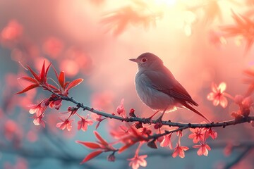 Red bird on a branch of blossoming apricot tree blur background