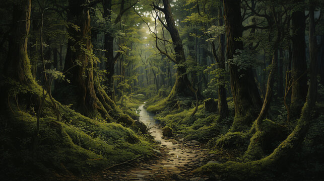 A painting of a forest with a dirt path and trees.