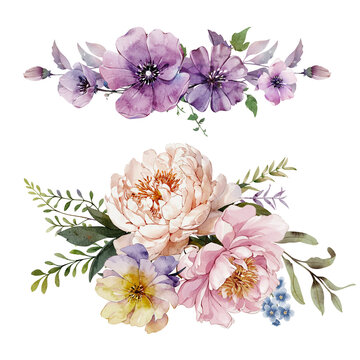 Watercolor spring bouquets. Hand painted illustrations isolated on white background. Design for paper, texture, textile, design, logo, label, tag, sale.