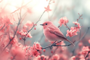 Red bird on a branch of blossoming apricot tree blur background