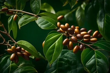  A highly detailed and natural depiction of a Coffea arabica plant, with impeccable lighting that accentuates the fine textures and features of its leaves, stems, and ripe coffee fruits - obrazy, fototapety, plakaty