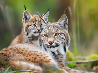 Obraz premium A bobcat mother and her cub resting on the ground in the wild.