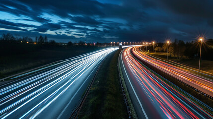 Fototapeta na wymiar Long exposure of a road with light trails of passing vehicles at night