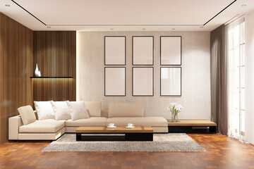 Contemporary modern of living room with frame mock up . Design 3d rendering of gray and brown wood veneer images. Design print for illustration,  mock up, interior, cover, frame, background. Set 18