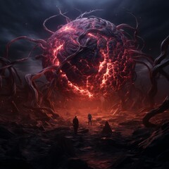 Fototapeta premium Apocalyptic Fantasy World with Fiery Celestial Orb