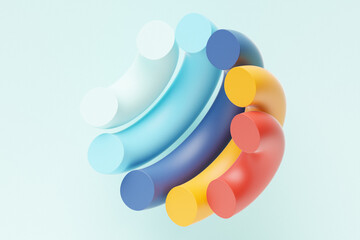 3D illustration, geometric illusion, isometric abstract shapes in the shape of a hemisphere, colorful shapes intertwined