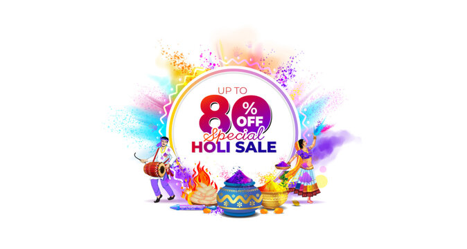 Vector Holi, festival Sale, website banner, shopping offer, discount deal and promotional advertising background design. Colorful Holi color splash with Flat 80% off text.