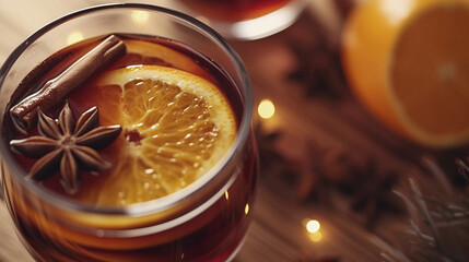 Mulled Wine with orange and spice close-up view