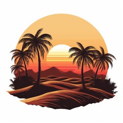 Fototapeta na wymiar Dusk Retreat Palm Tree Silhouettes in Desert Oasis - Design & Print, White Background