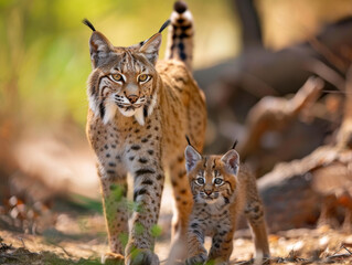 A bobcat mother and her cub exploring surroundings in the wild.