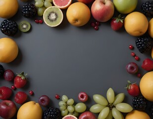 Assorted Fresh Fruits Arranged on a Dark Grey Background, Top View