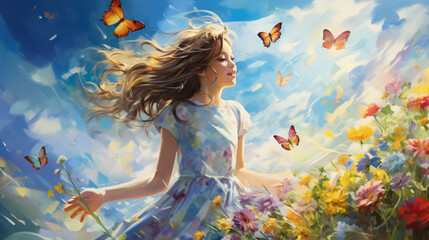 A painting of a girl in a field of flowers with a butterflies