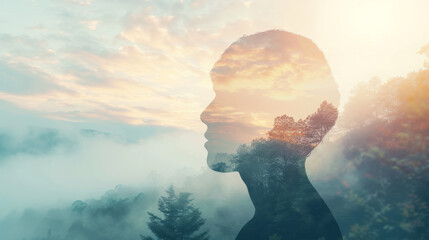 Outline of a human head containing a serene landscape background