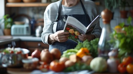 Elderly individual reading a brochure on heart disease prevention, with healthy foods and a blood...