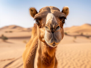 Detail of a camel in vast desert. Important part of the caravan.