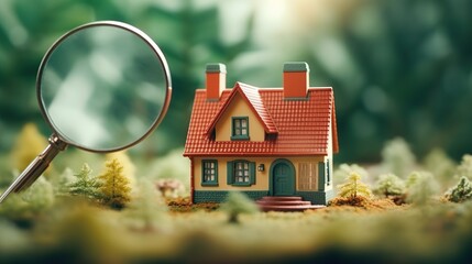 Miniature house with magnifying glass. Concept of new home search for buy, rental, mortgage and investing in real estate