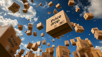 Cardboard box dropping from the sky with written text Price drop on it