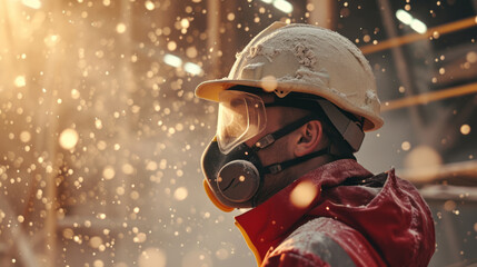Fototapeta premium Professional construction worker wearing a high-grade dust mask, surrounded by lot of floating particles