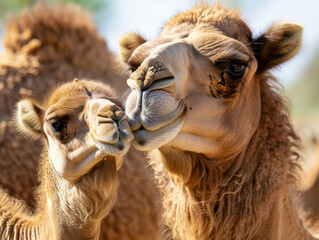 An affectionate moment between camel and its calf amidst lush greenery.