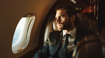 Rich young handsome man on a seat of his private jet looking through the plane window