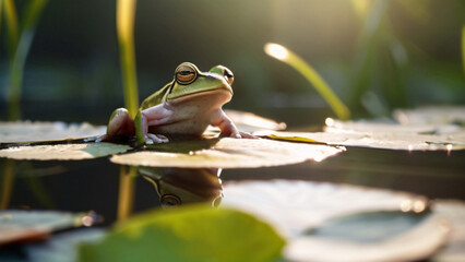 Cute frog on water lily leaf in swamp