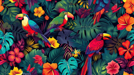 Seamless pattern background influenced by the forms and vibrant colors of tropical rainforests with colorful birds and flowers